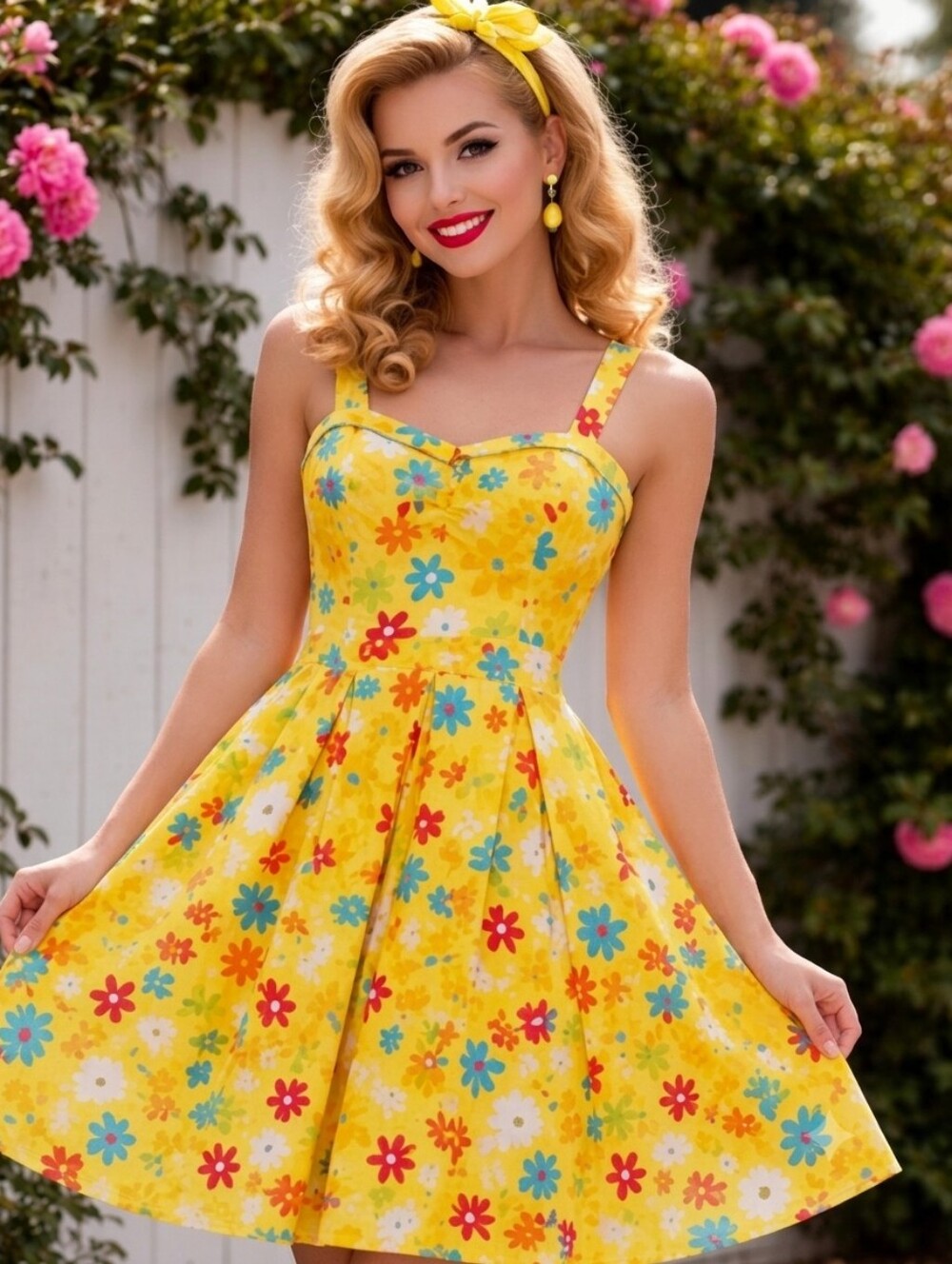 Bettie Page Sunny Days Yellow Retro Flower Pinup Cotton Mini Dress Size Small